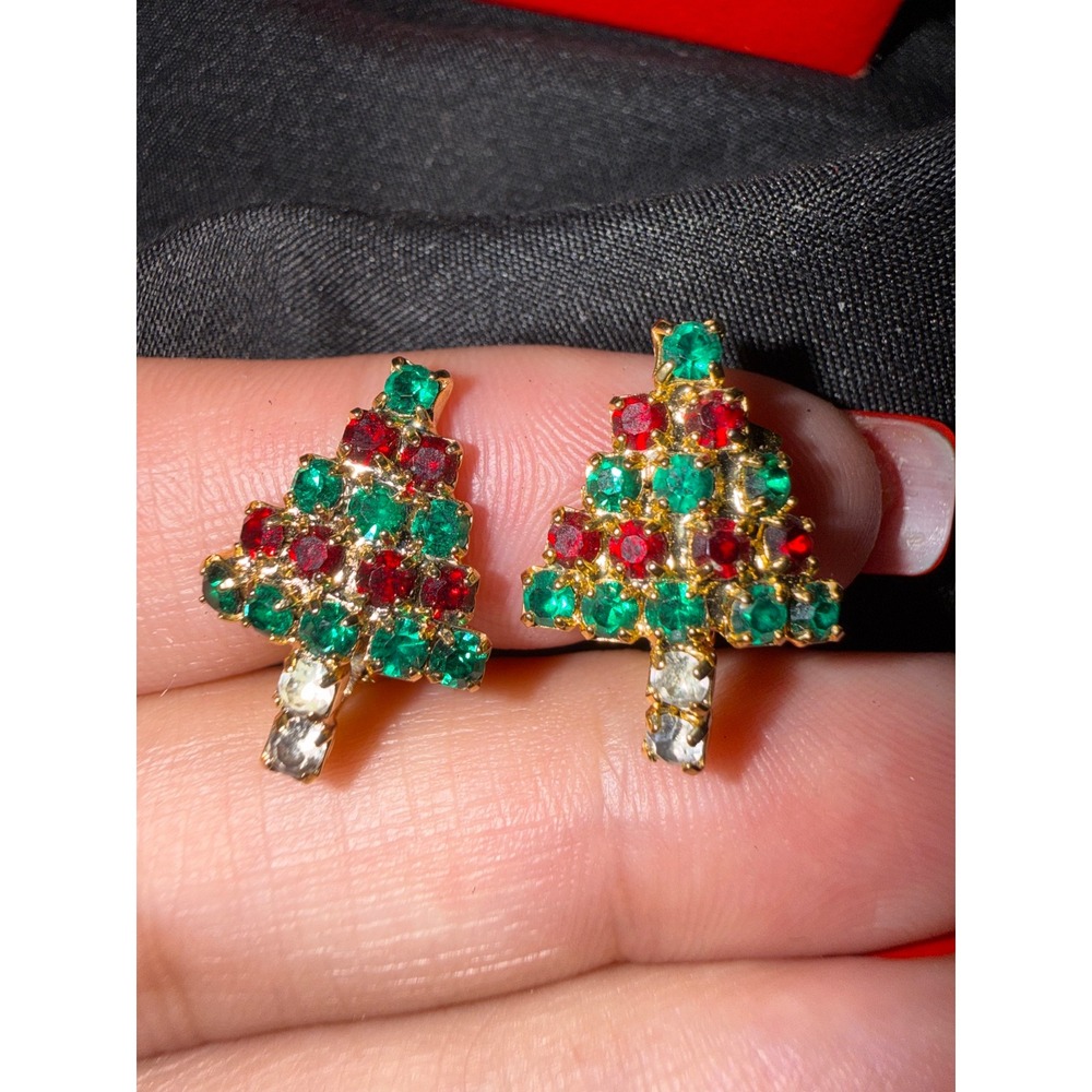 Vintage Christmas Tree Clip On Earrings Red Green Rhinestone Gold Tone Holiday